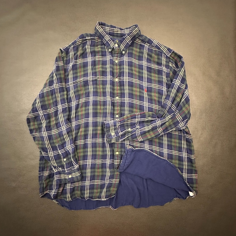 Ralph Lauren Flannel Shirt Mens 4XB Big Blue Plaid Fleece Lined 100% Cotton